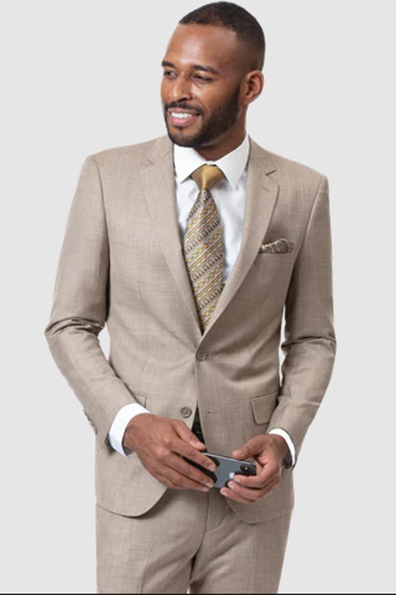 "EJ Samuel Taupe Sharkskin Weave Modern Fit 2-Button Suit" - 38 Short Jacket+32 Waist Adjust 28to34)(Height: 5 4 to5 7 )(Neck 15-16.5)S-M)