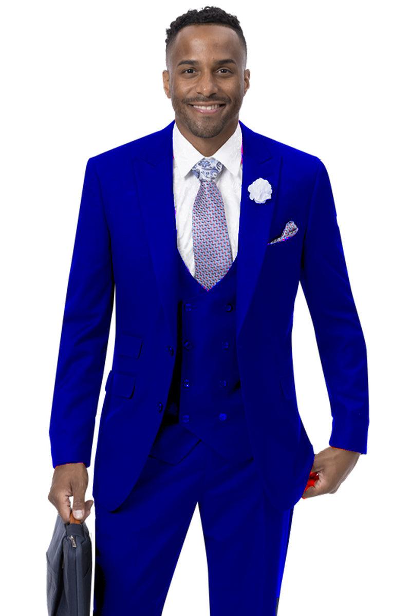 EJ Samuel Two Button Modern Suit w/ Peak Lapel & DB Vest in Midnight Blue - Blue
