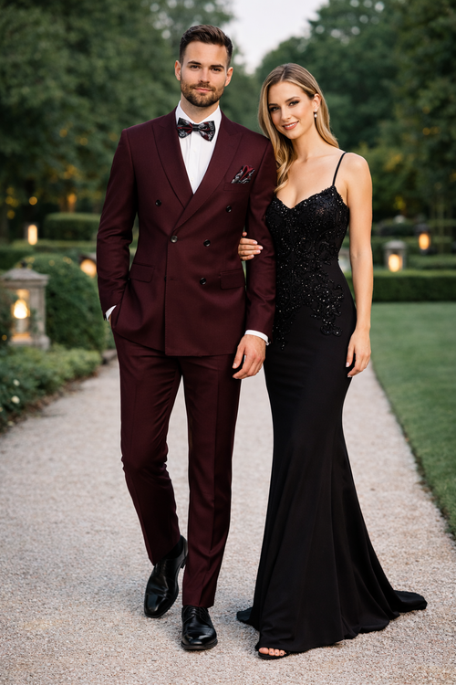 Men's Designer Double Breasted Wool Suit in Burgundy