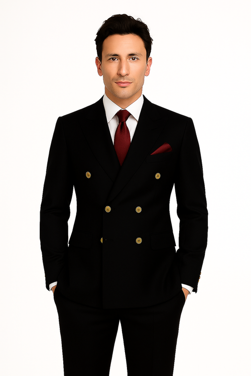 Mens Classic Wool Double Breasted Suit in Black