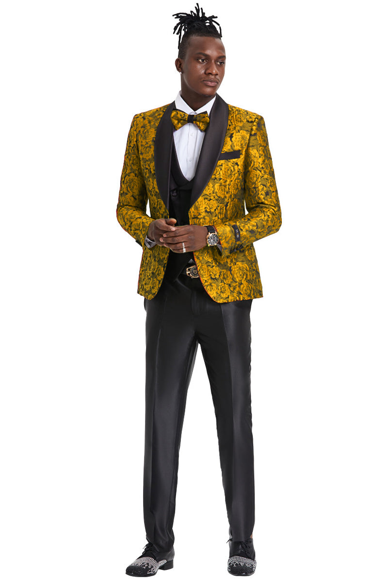 "Gold Paisley Floral Men's Slim Fit Prom 2025 Tuxedo - One Button Vested" - 34 Short