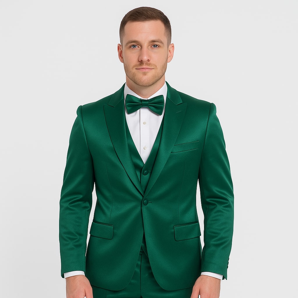 Emerald Green Satin Tuxedo Set – Formal 4-Piece Outfit for Prom or Wedding - 34R Coat - 28 Waist