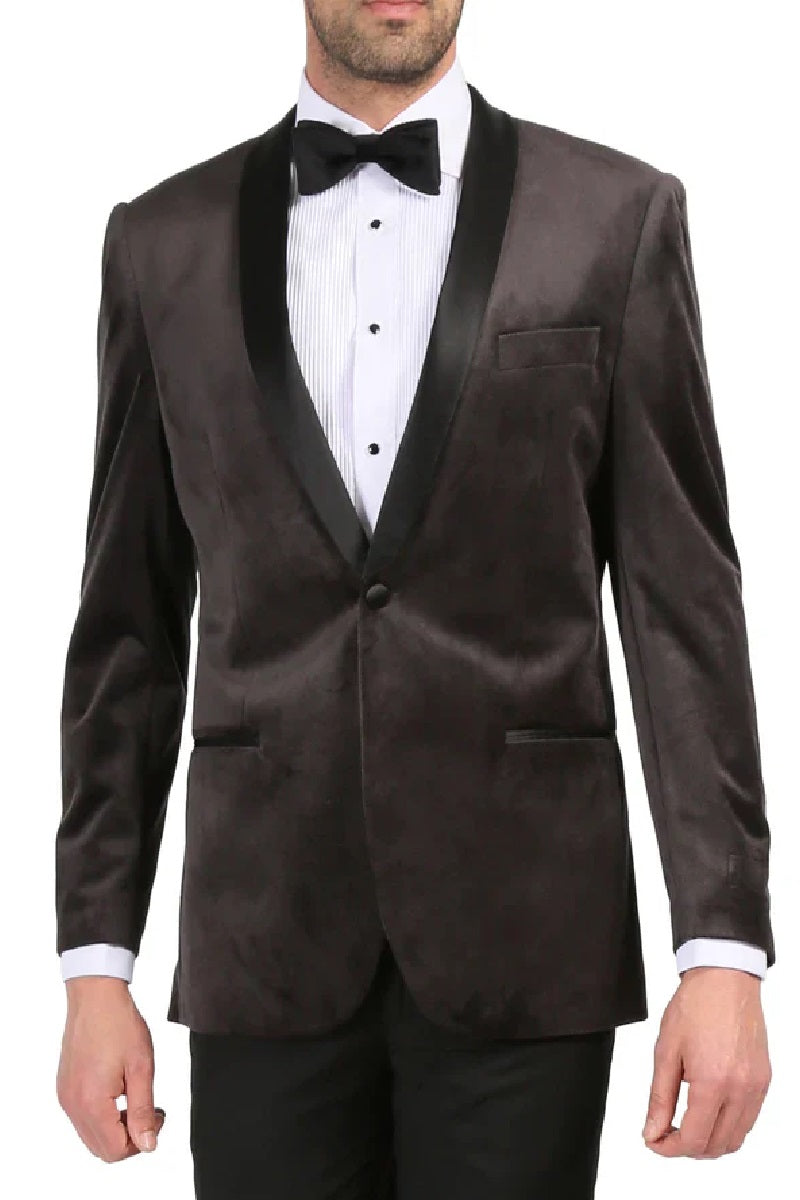 Grey Slim Fit Velvet Shawl Collar Tuxedo Blazer