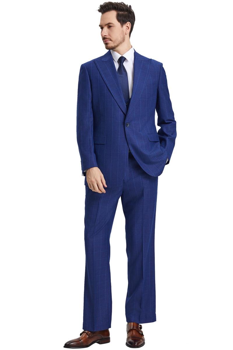 Men's Stacy Adams Peak Lapel Blue Windowpane Plaid Suit with a Scoop Neck Vest - 38 Regular