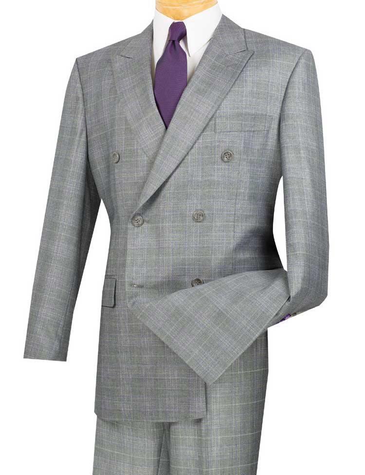 Executive Double Breasted Regular Fit Glen Plaid Suit - Color Grey - 42 Short - 36 Waist