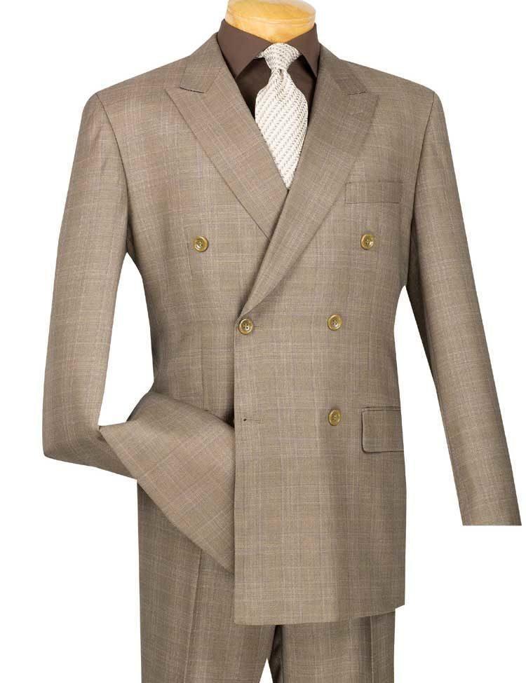 Executive Double Breasted Regular Fit Glen Plaid Suit - Color Tan - 40 Short - 34 Waist