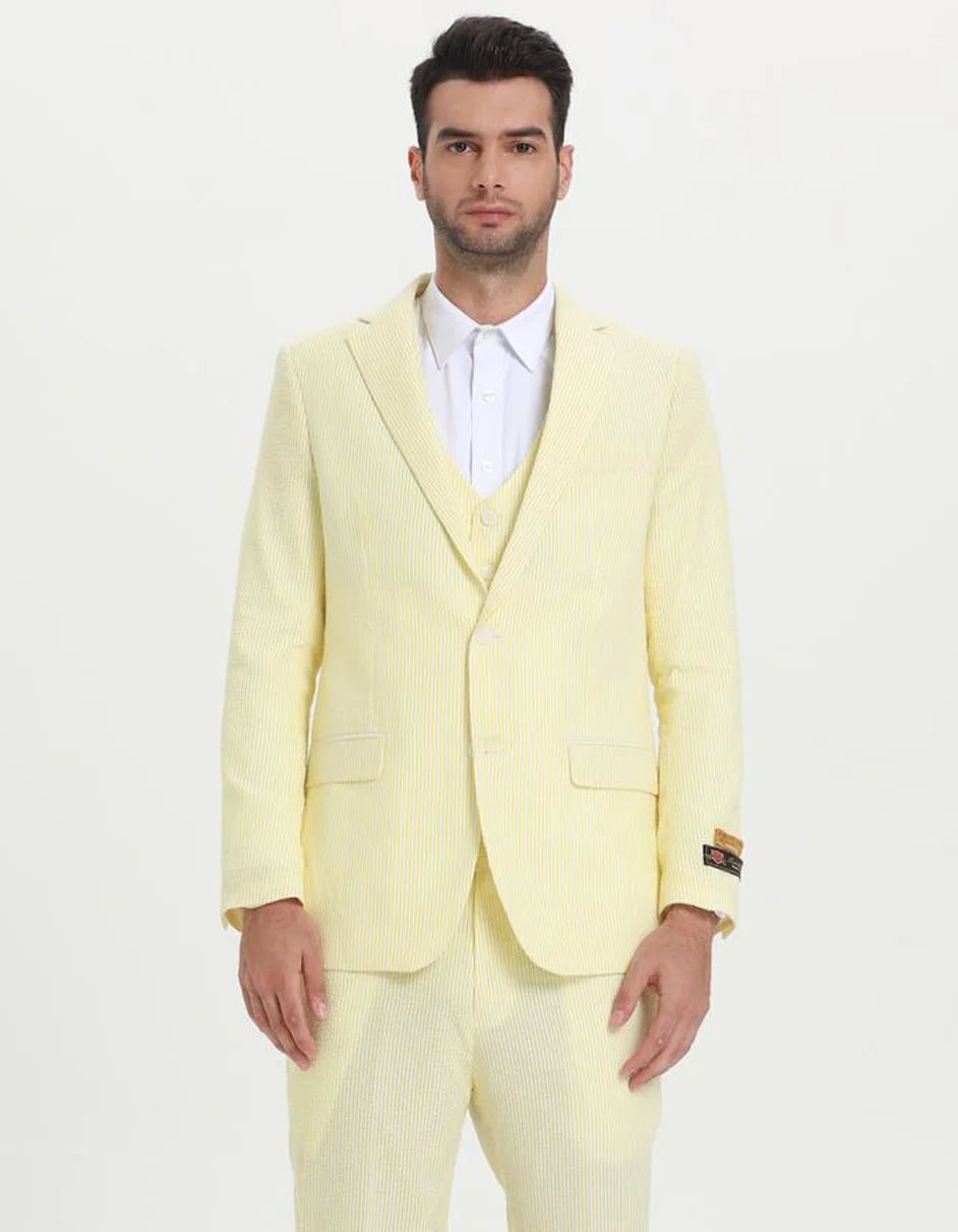 Kentucky Derby Seersucker Suits For Men - Big and Tall Seersucker Suit Mens Vested Summer Seersucker Suit in Yellow Pinstripe