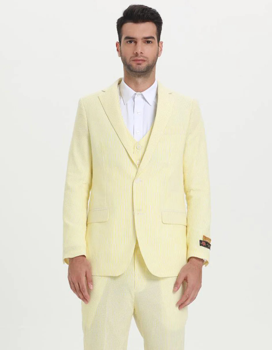 Kentucky Derby Seersucker Suits For Men - Big and Tall Seersucker Suit Mens Vested Summer Seersucker Suit in Yellow Pinstripe - 38 Regular