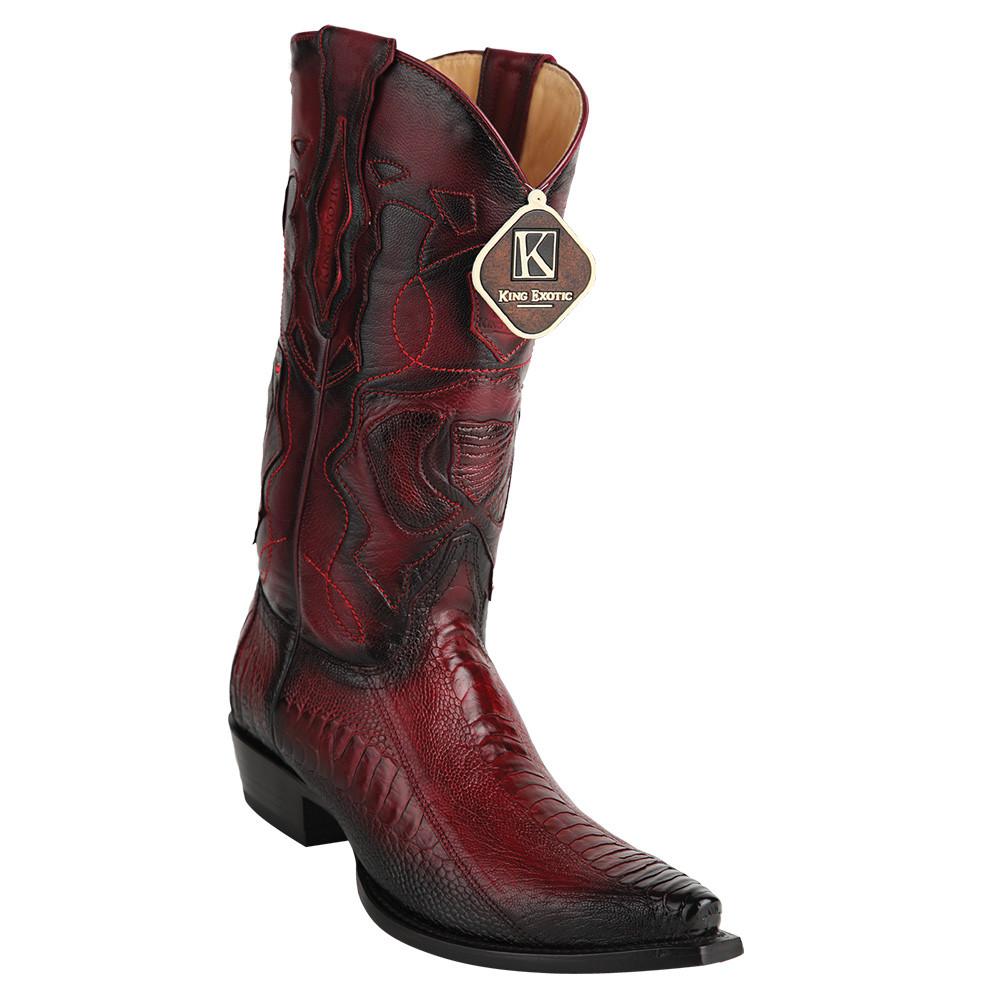 King Exotic Men's Western Ostrich Leg Snip Toe Boots - BURGUNDY FADED