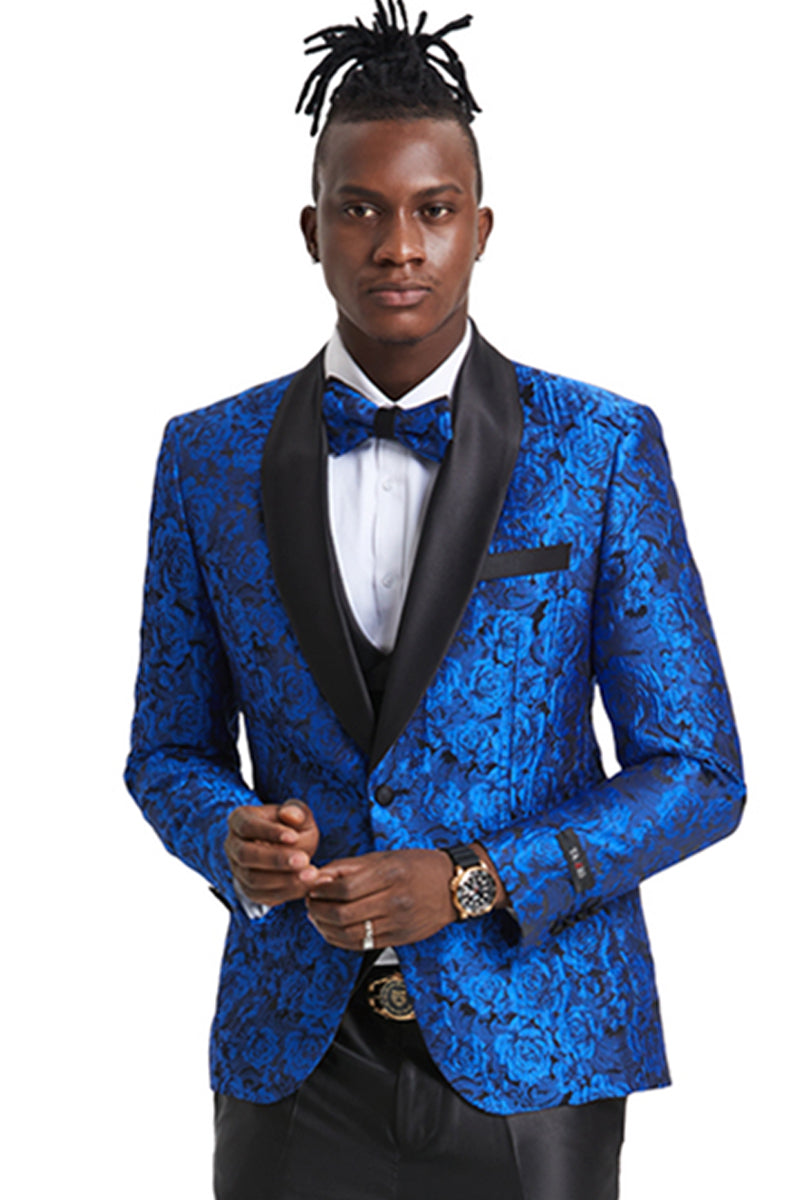 "Royal Blue Men's Slim Fit Paisley Floral Prom Tuxedo with One Button"