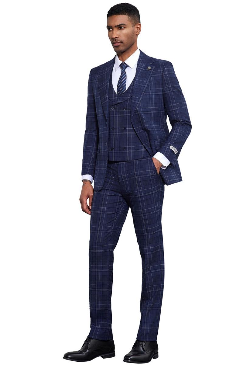 Men's Stacy Adams Vested Two Button Double Windowpane Plaid Suit in Navy - 38 Regular