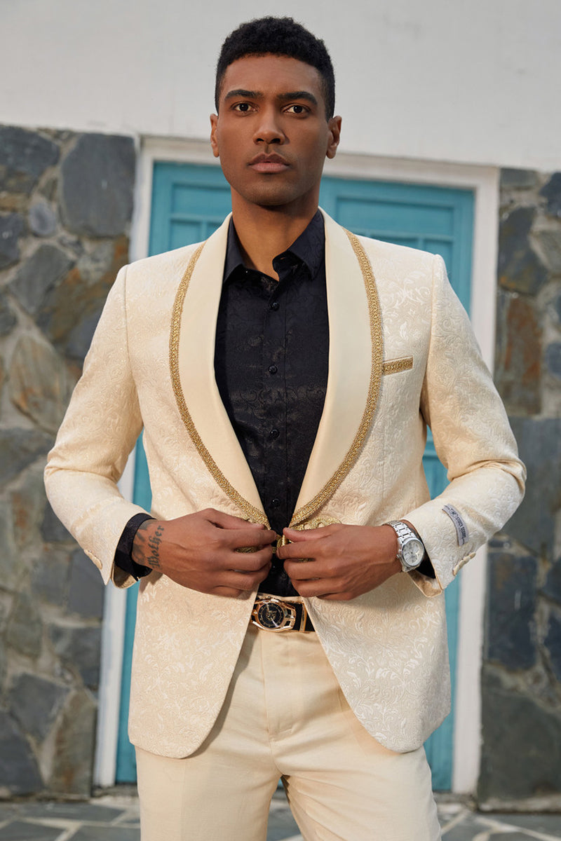 cream and gold dress and jacket Chic and elegant lightweight cream tweed dress and jacket suit. Gold chain detail and buttons on the dress complete this sophisticated ensemble. Includes belt. Also available in cotton candy pink, and sky
