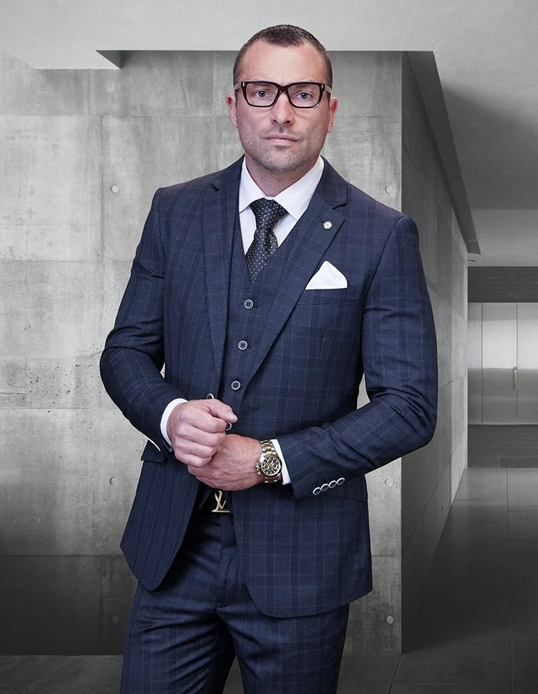 Mens 3 Piece 100% Wool Plaid Suit Classic Design Windowpane Texture Business Pattern Modern Fit Side Vented - 38 Short Jacket+32 Waist Adjustable 28to34)(Height: 5 4 to5 7 )(Neck  15-16.5)S-M)