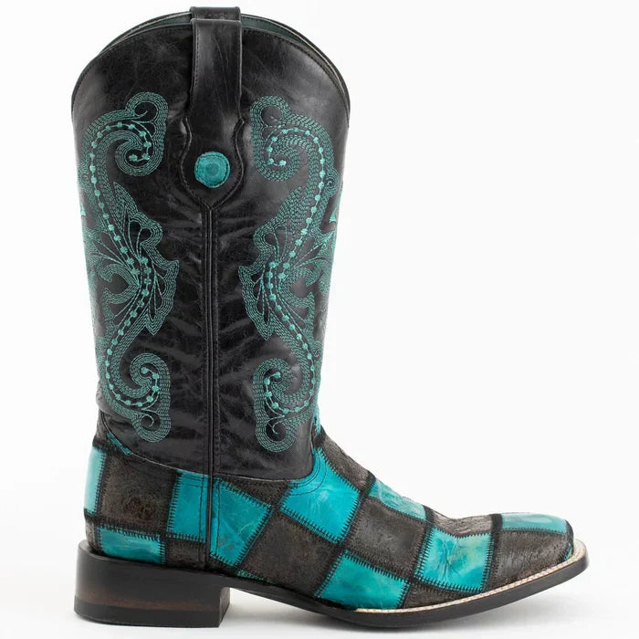 Ferrini Men's Patchwork Square Toe Boots Handcrafted - Black/Teal 1139350 - 8D