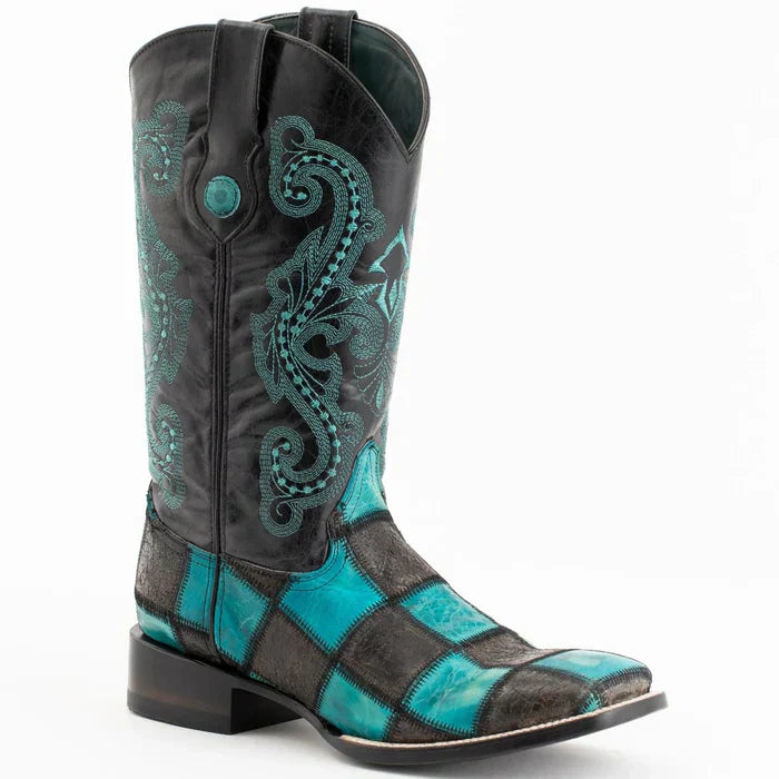 Ferrini Men's Patchwork Square Toe Boots Handcrafted - Black/Teal 1139350 - 8D