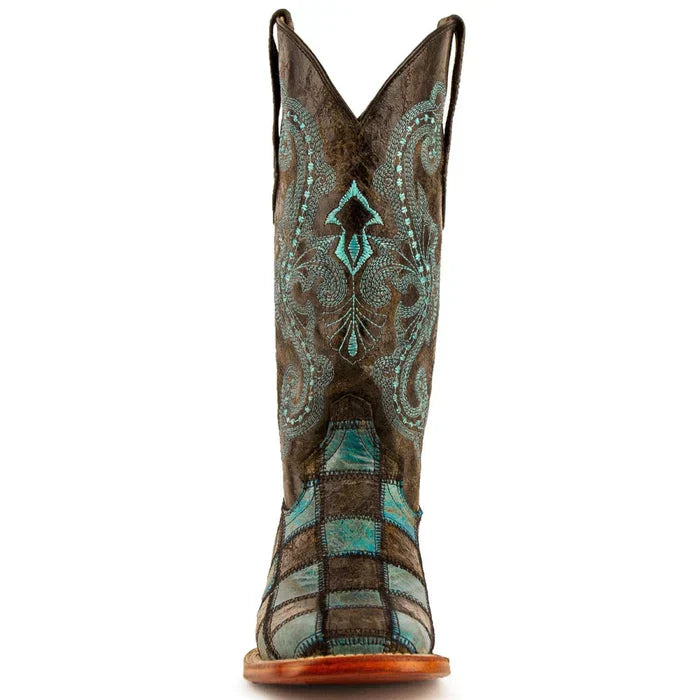 Ferrini Women's Patchwork Square Toe Boots Handcrafted - Black/Teal 8139350 - black-teal