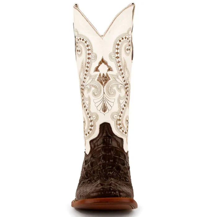 Ferrini Women's Rancher Square Toe Boots Crocodile Print - Chocolate/White 9049309 - 7.5B