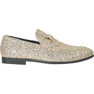 "Gold Sequin Prom 2026 Tuxedo Loafers - Modern Men's Glitter Buckle Shoes"