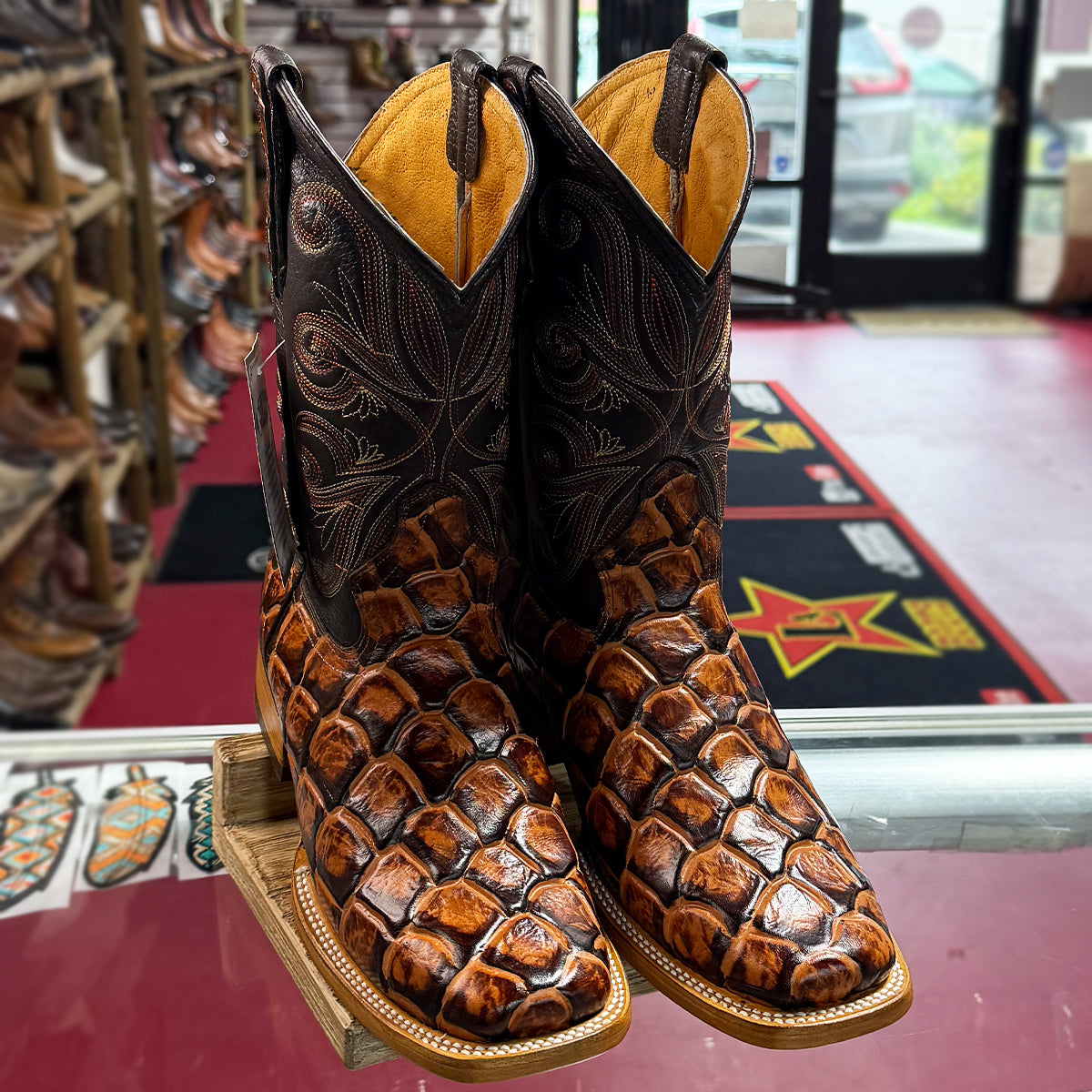 Brown Pirarucu Fish Print Boots Square Toe - Brown Shedron
