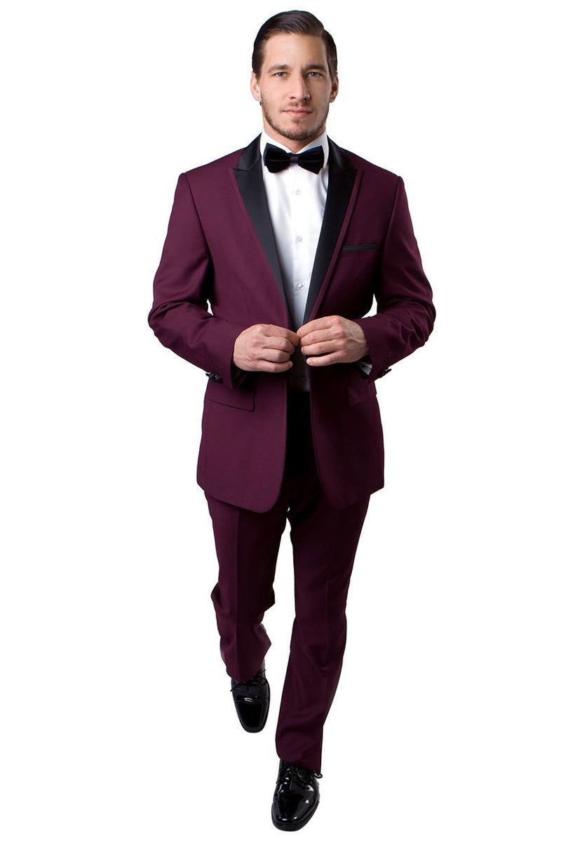 "Burgundy Men's Slim Fit Tuxedo with Satin Trim for Prom & Wedding"