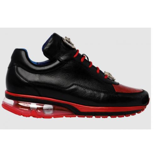 Belvedere Flash Men's Shoes Black & Red Exotic Ostrich / Calf-skin Leather Casual Sneakers - 9
