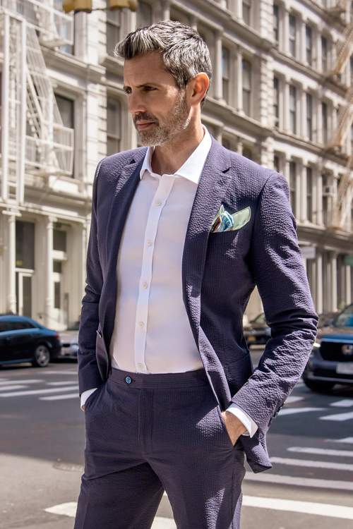 Mens Navy Blue Seersucker Suit β Cotton Fabric Shadow Pattern Ton on Tone Textured Two Button Notch Lapel Formal Summer Suit
