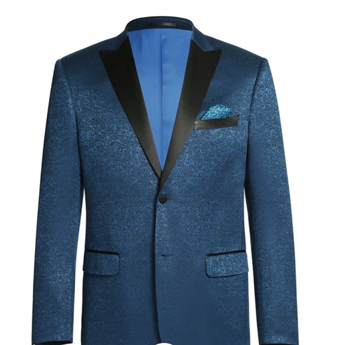 Mens Teal Blue Jacquard Paisley Blazer β Black Peak Lapel Formal Dinner Jacket Slim Fit