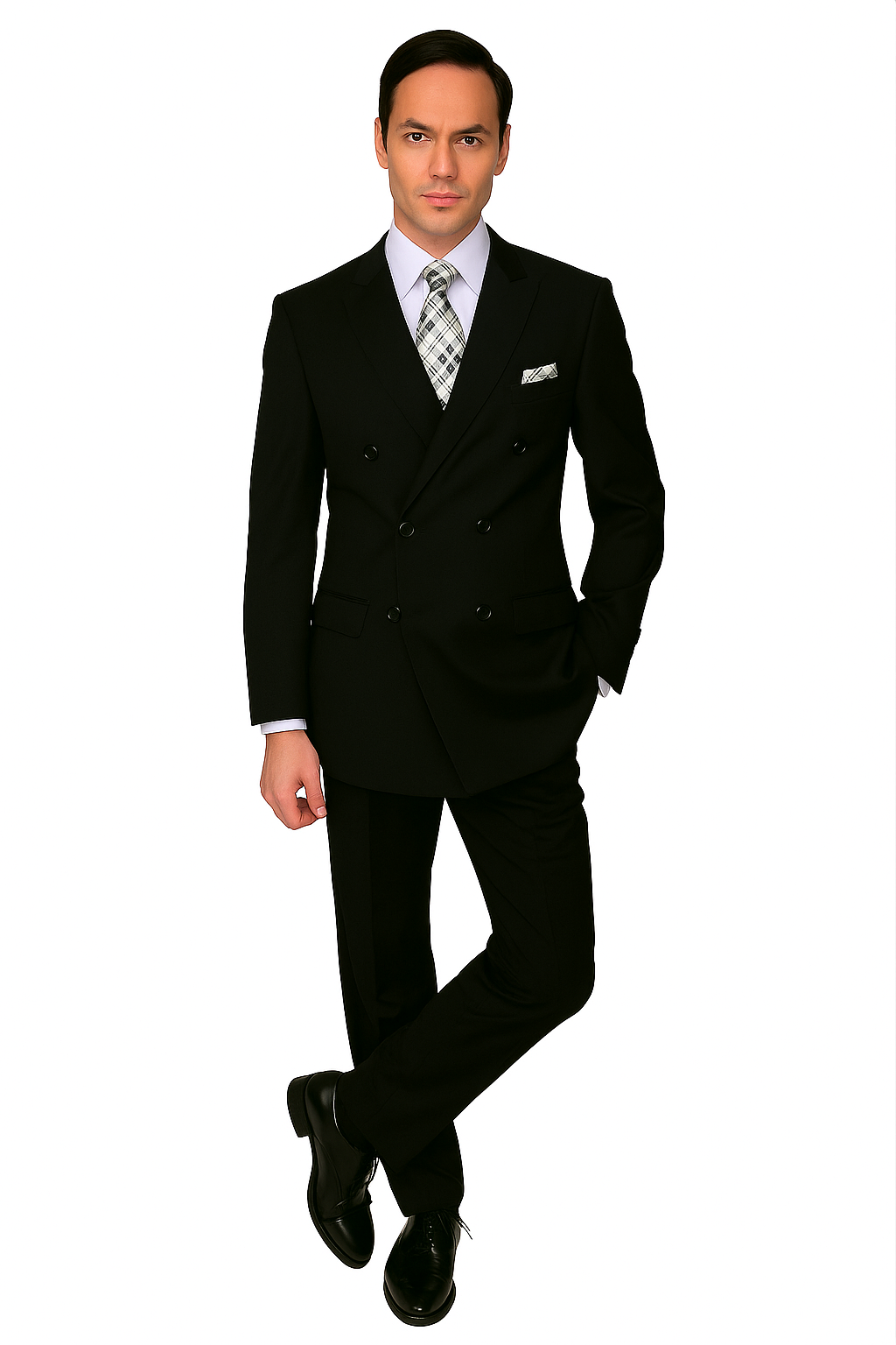 Mens Classic Wool Double Breasted Suit in Black - 38 Short Jacket+32 Waist Adjustable 28to34)(Height: 5 4 to5 7 )(Neck  15-16.5)S-M)