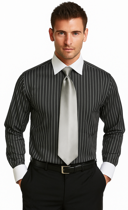 French Cuff Stylish Striped Formal Spread Collar Set Style White Collar Two Toned Contrast Multi-Color Men's Dress Shirt-New Designer Collection