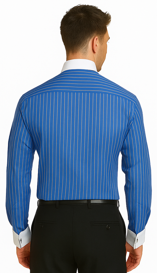 French Cuff Stylish Striped Formal Spread Collar Set Style White Collar Two Toned Contrast Multi-Color Men's Dress Shirt-New Designer Collection