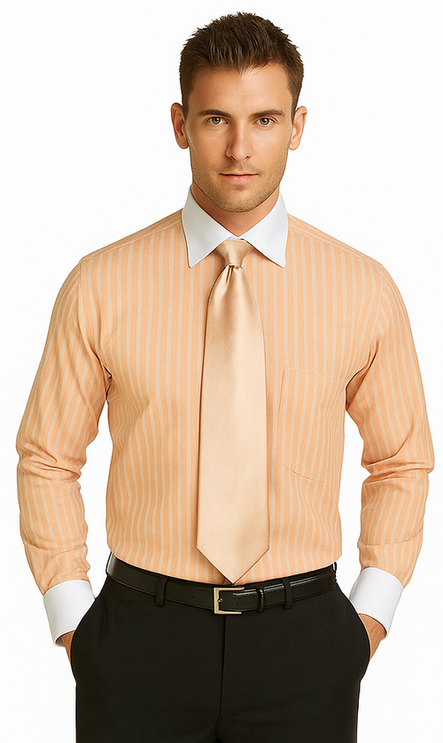 French Cuff Stylish Striped Formal Spread Collar Set Style White Collar Two Toned Contrast Multi-Color Men's Dress Shirt-New Designer Collection
