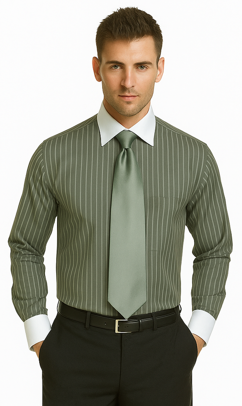 French Cuff Stylish Striped Formal Spread Collar Set Style White Collar Two Toned Contrast Multi-Color Men's Dress Shirt-New Designer Collection
