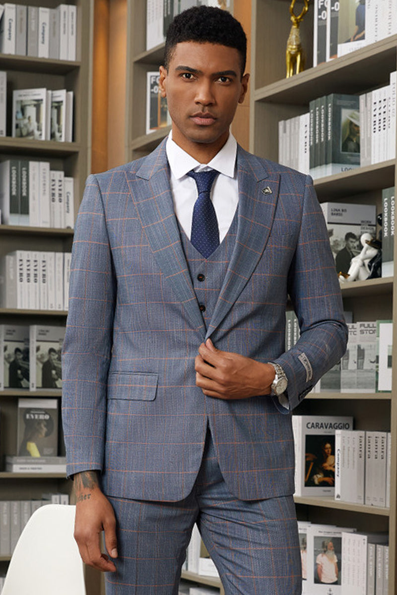 "Mens Stacy Adams Suit -Stacy Adams Men's Navy Blue & Orange Plaid Suit - One Button Vested Peak Lapel" - 34 Short