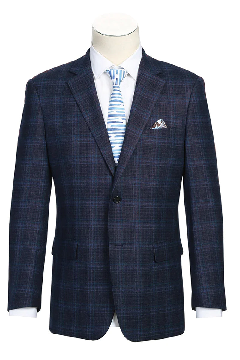 "Classic Fit Wool Stretch Sport Coat - Men's Two Button Blazer in Dark Navy Blue Windowpane Plaid" - 34 Short
