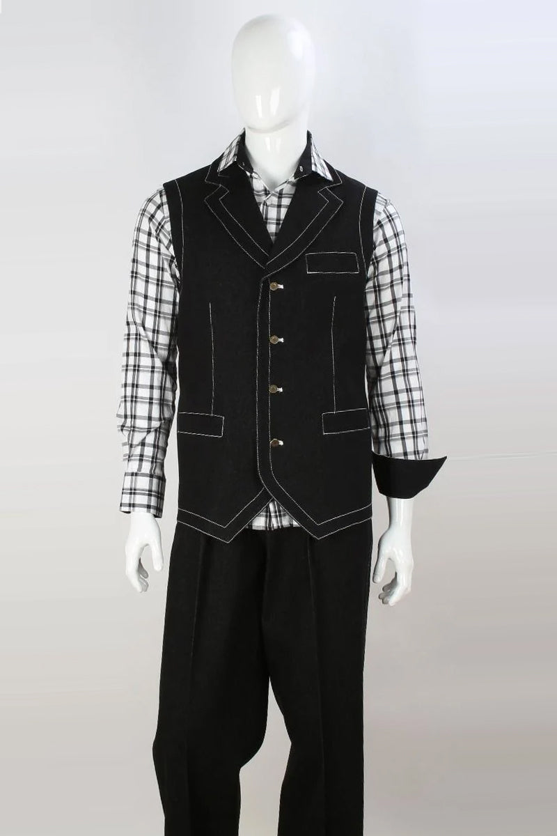 "Black Double Breasted Denim Vest and Pant Set for Men" - 38 Vest / 32W