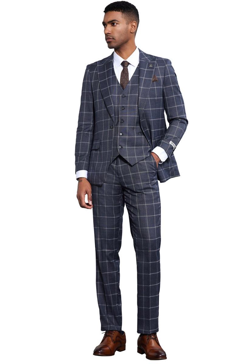Men's Stacy Adams Classic One Button Vested Windowpane Suit in Charcoal Grey - 38 Regular