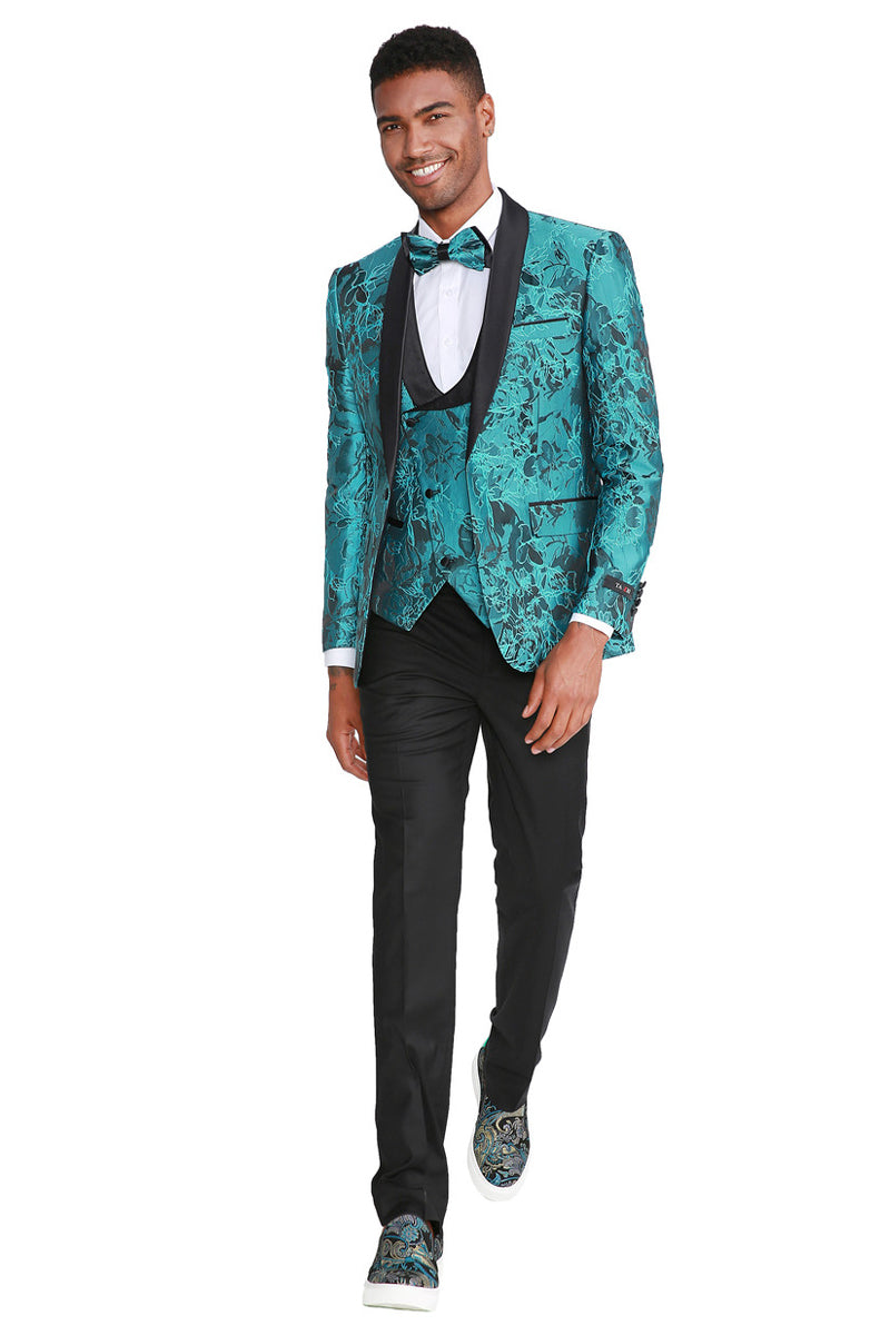 Turquoise Men's Slim Fit Prom Tuxedo with Paisley Shawl Lapel