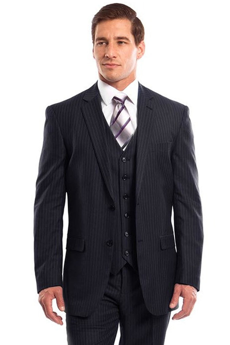 "Men's Navy Blue Pinstripe Business Suit - Two Button Vested Style" - 34 Short