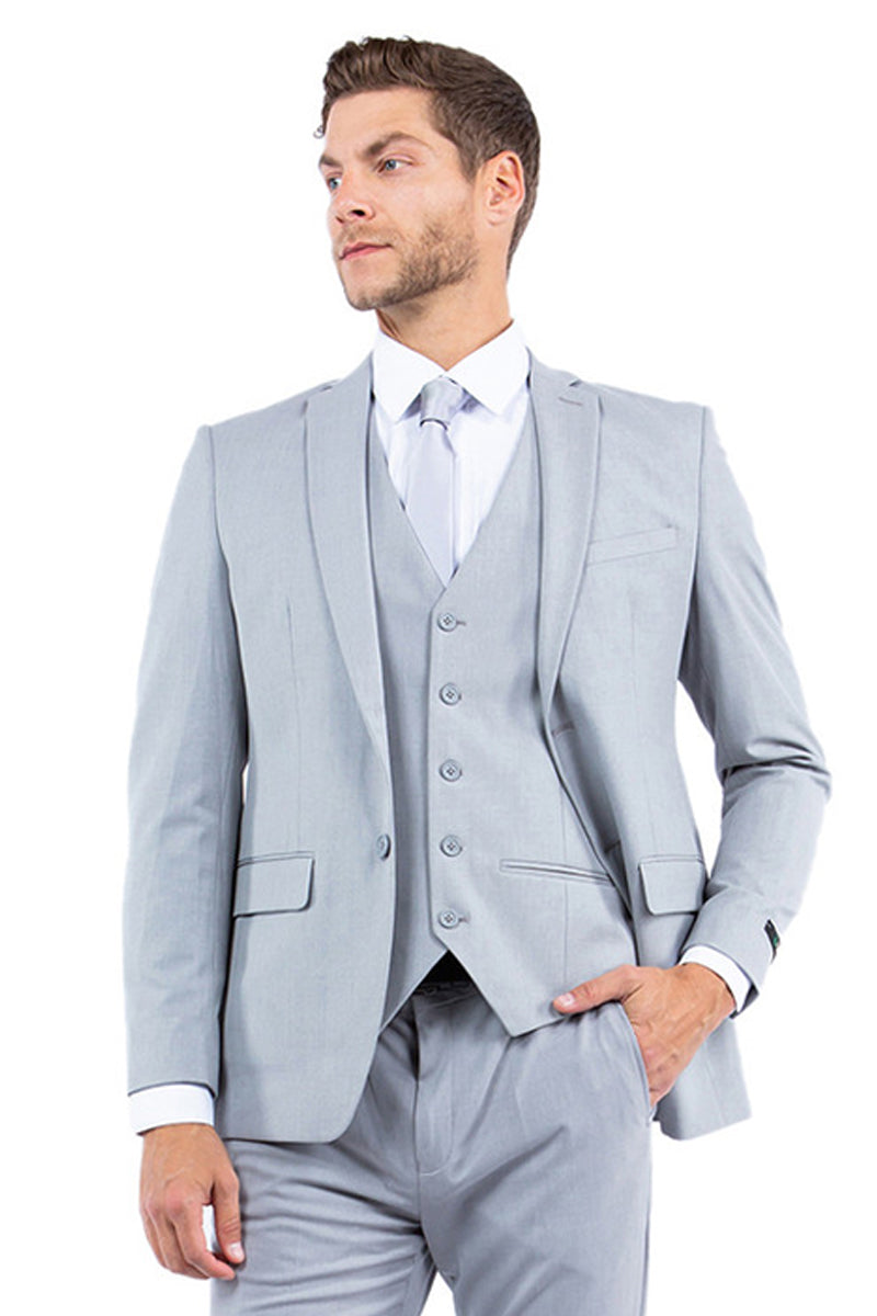 "Men's Slim Fit One Button Vested Business Suit - Light Grey Wedding Attire"