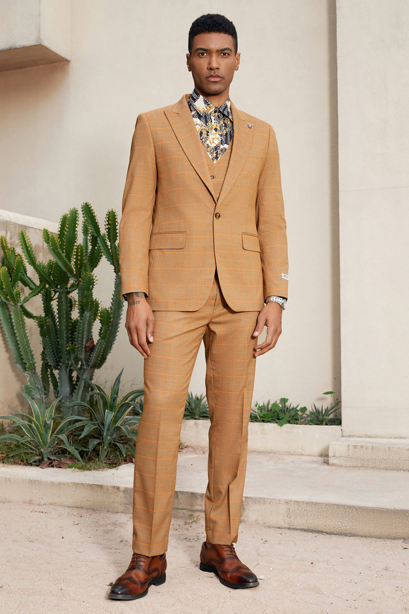 "Mens Stacy Adams Suit - Stacy Adams Men's Windowpane Plaid Suit with Reversible Vest - Orange Rust" - 34 Short
