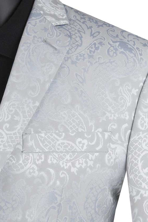 Men’s Silver Grey Paisley Wedding and Prom 2026 Suit with Jacket and Matching Pants
