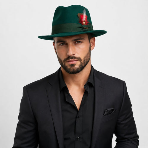 Gangster 100% Australian Wool Crushable Mens Fedora Hat - Removable Feather Gangster Hunter Green Mens Fedora Hat