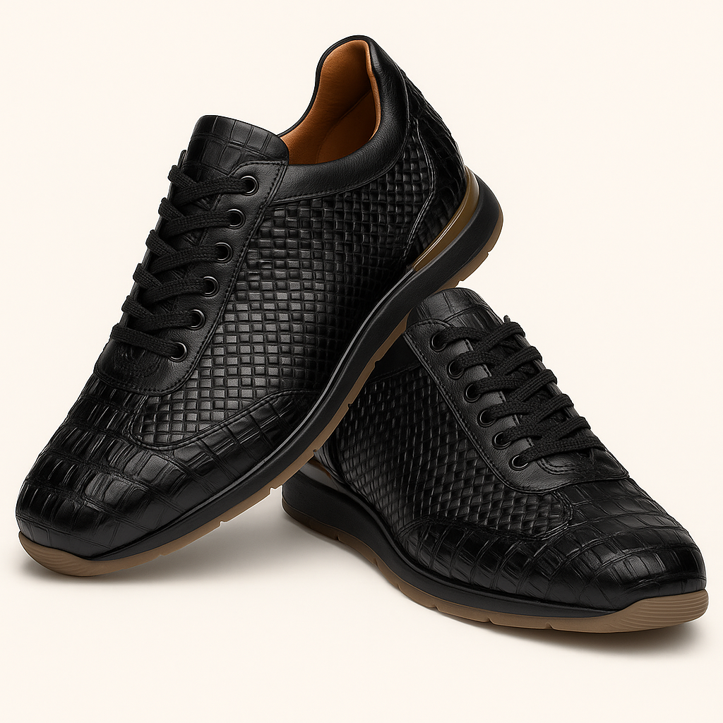 Marco Di Milano Roma Men's Shoes Black Genuine Caiman Crocodile / Woven Leather Fashion Sneakers - 8