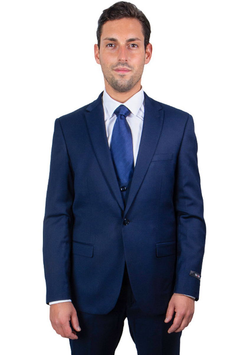 "Navy Blue Men's Skinny Wedding & Prom 2025 Suit with One Button Peak Lapel & Lowcut Vest" - 34 Short