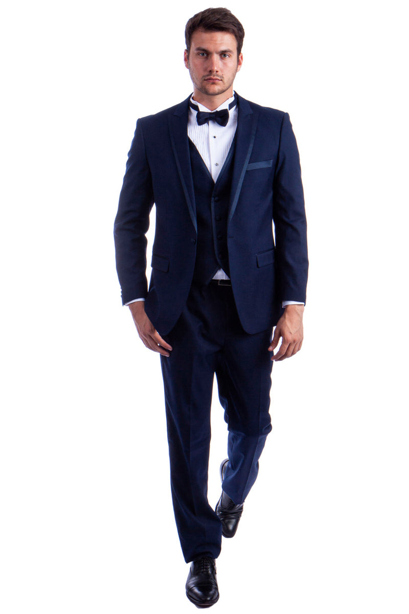 "Navy Blue Men's Wedding Tuxedo with Satin Trim - One Button Peak"