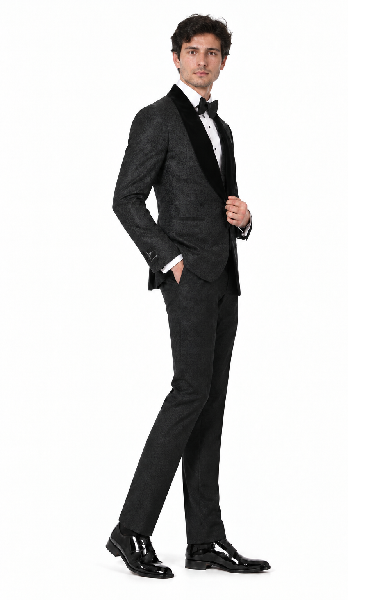 Gianni | Black with Black Velvet Lapel 3-Piece Tailored-Fit Tuxedo Black Velvet Suits and Tuxedos