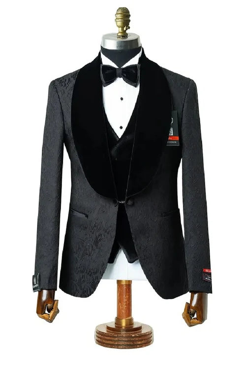 Black with Black Velvet Lapel 3-Piece Tailored-Fit Tuxedo Black Velvet Suits and Tuxedos