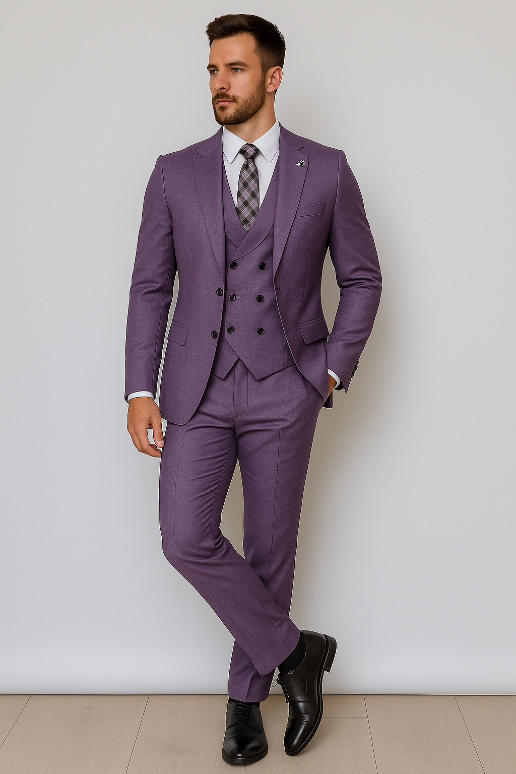 Giovanni Testi Suits With Double Breasted Vest - 3 Pieces Peak Lapel in Purple - 34 Short