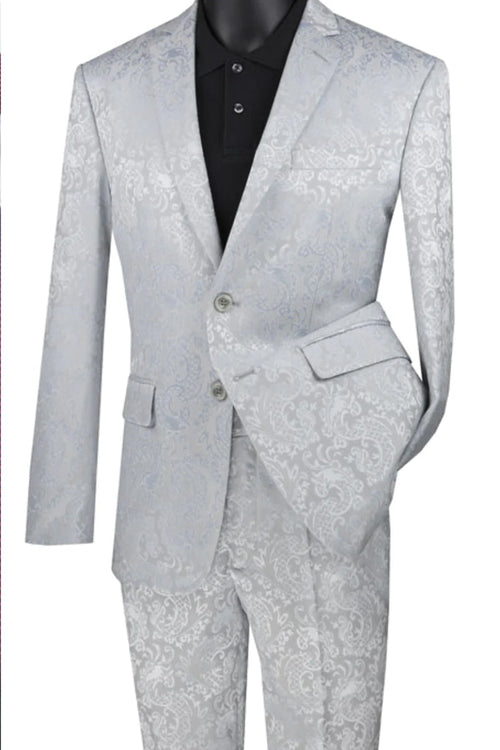 Men’s Silver Grey Paisley Wedding and Prom 2026 Suit with Jacket and Matching Pants