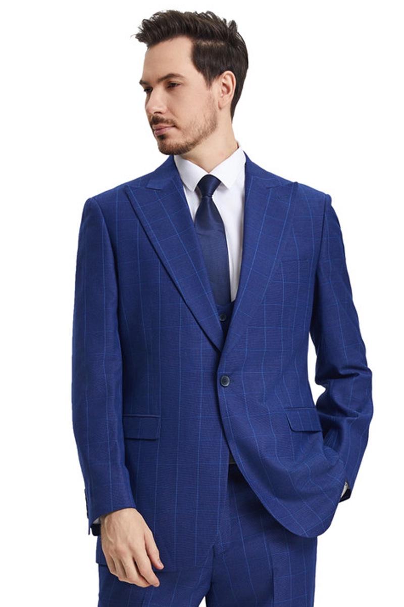 Men's Stacy Adams Peak Lapel Blue Windowpane Plaid Suit with a Scoop Neck Vest - 38 Regular